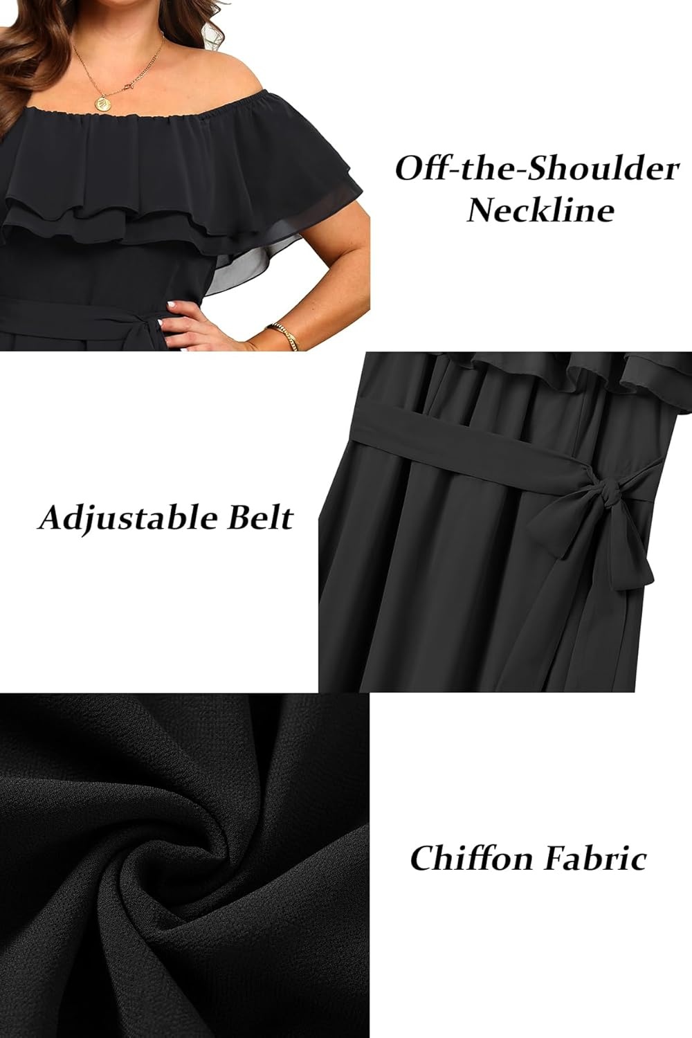 Talisea Plus Size Dresses Wedding Guest – Formal Ruffle Off The Shoulder Cocktail Chiffon A-Line Midi Dress Curvy Women(Black)