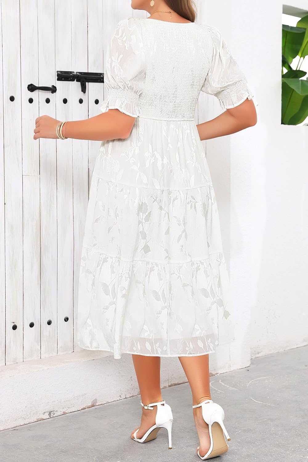 Talisea Plus Size V Neck Smocked Puff Sleeve Tiered Midi Dress(White)