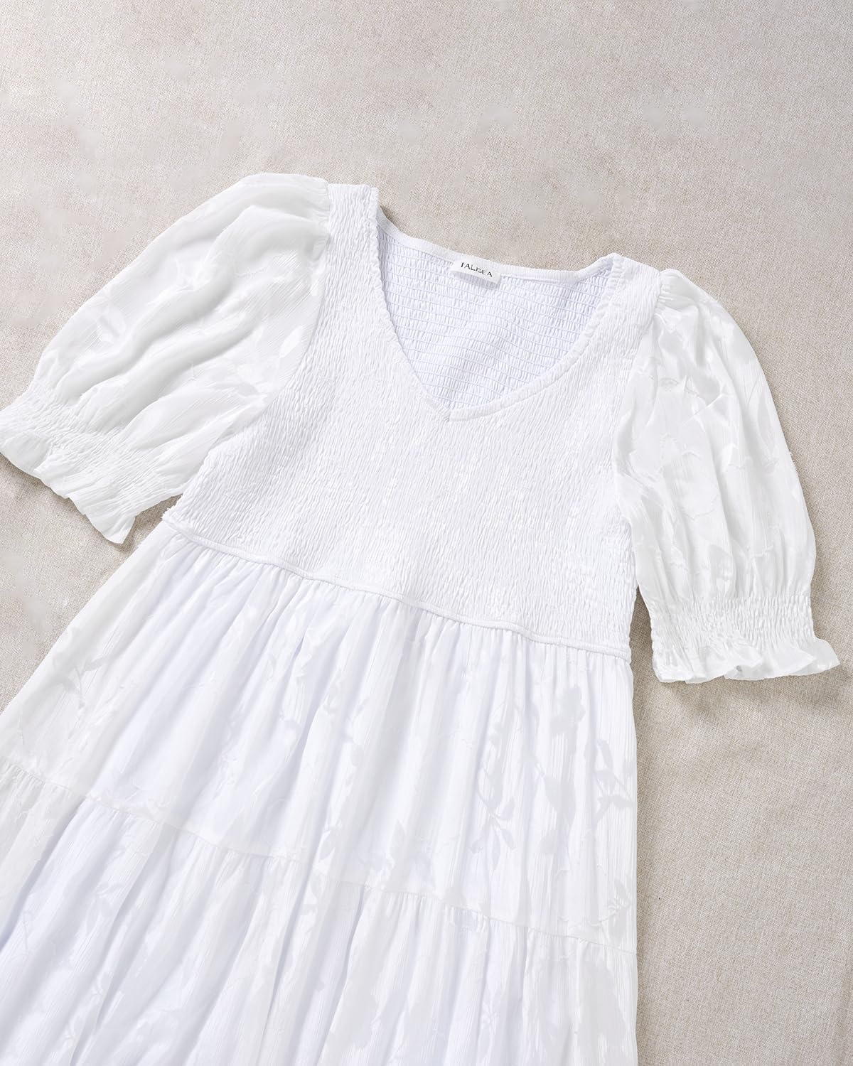 Talisea Plus Size V Neck Smocked Puff Sleeve Tiered Midi Dress(White)