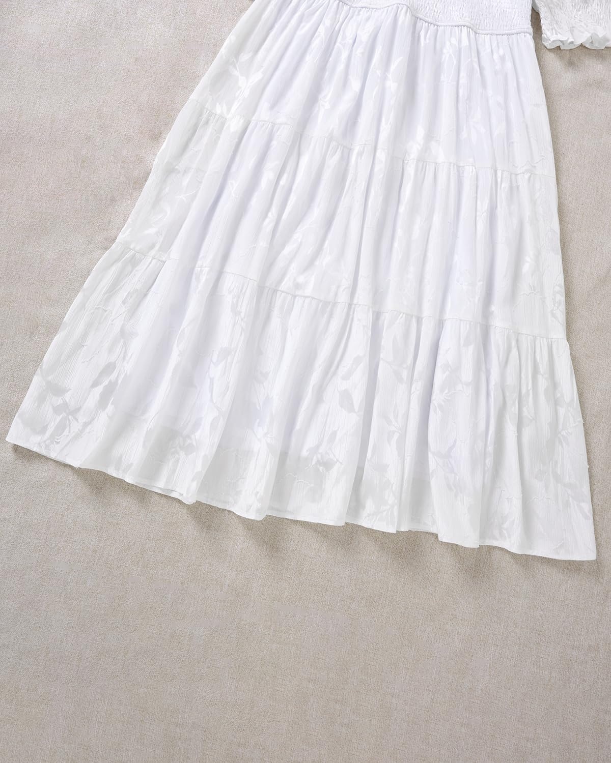 Talisea Plus Size V Neck Smocked Puff Sleeve Tiered Midi Dress(White)