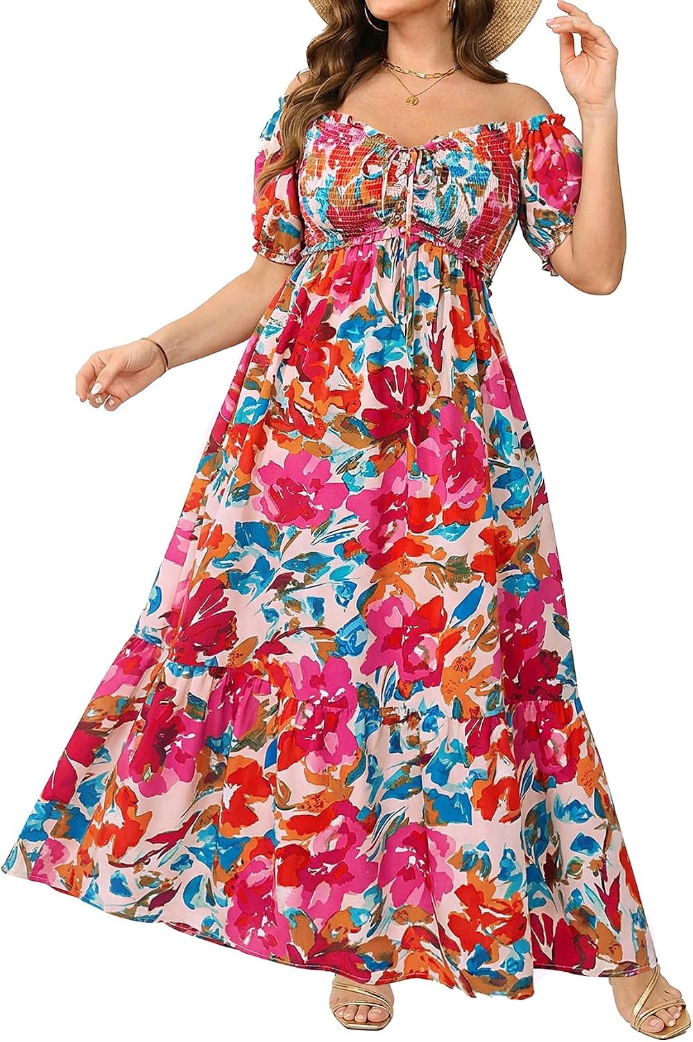 Plus Size Summer Dresses Off the Shoulder Boho Maxi A Line Long Dress Women | Plus Size Summer Maxi Dresses Women Casual Boho Off the Shoulder Long Dress Spring Flowy Beach Vacation Sundress(Red Floral)