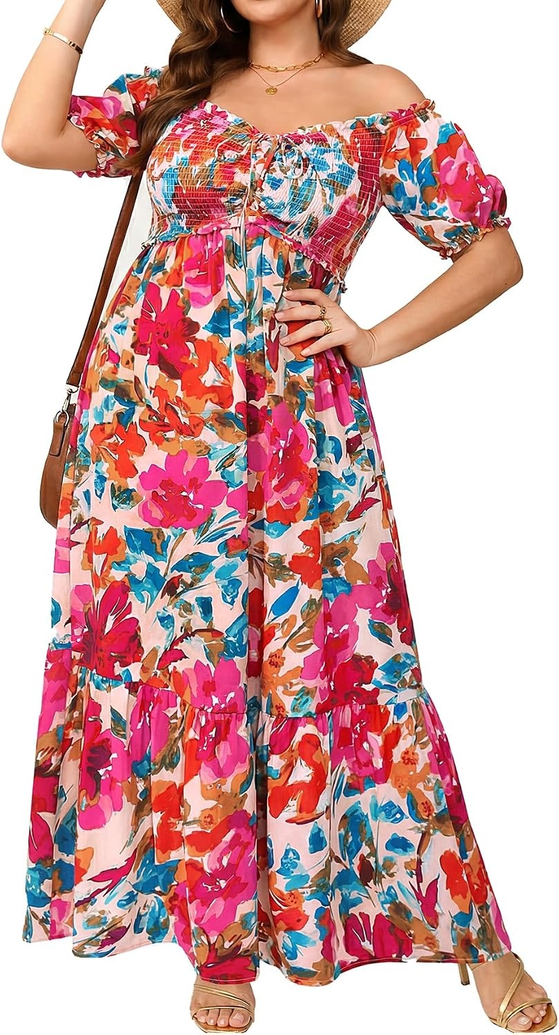 Plus Size Summer Dresses Off the Shoulder Boho Maxi A Line Long Dress Women | Plus Size Summer Maxi Dresses Women Casual Boho Off the Shoulder Long Dress Spring Flowy Beach Vacation Sundress(Red Floral)