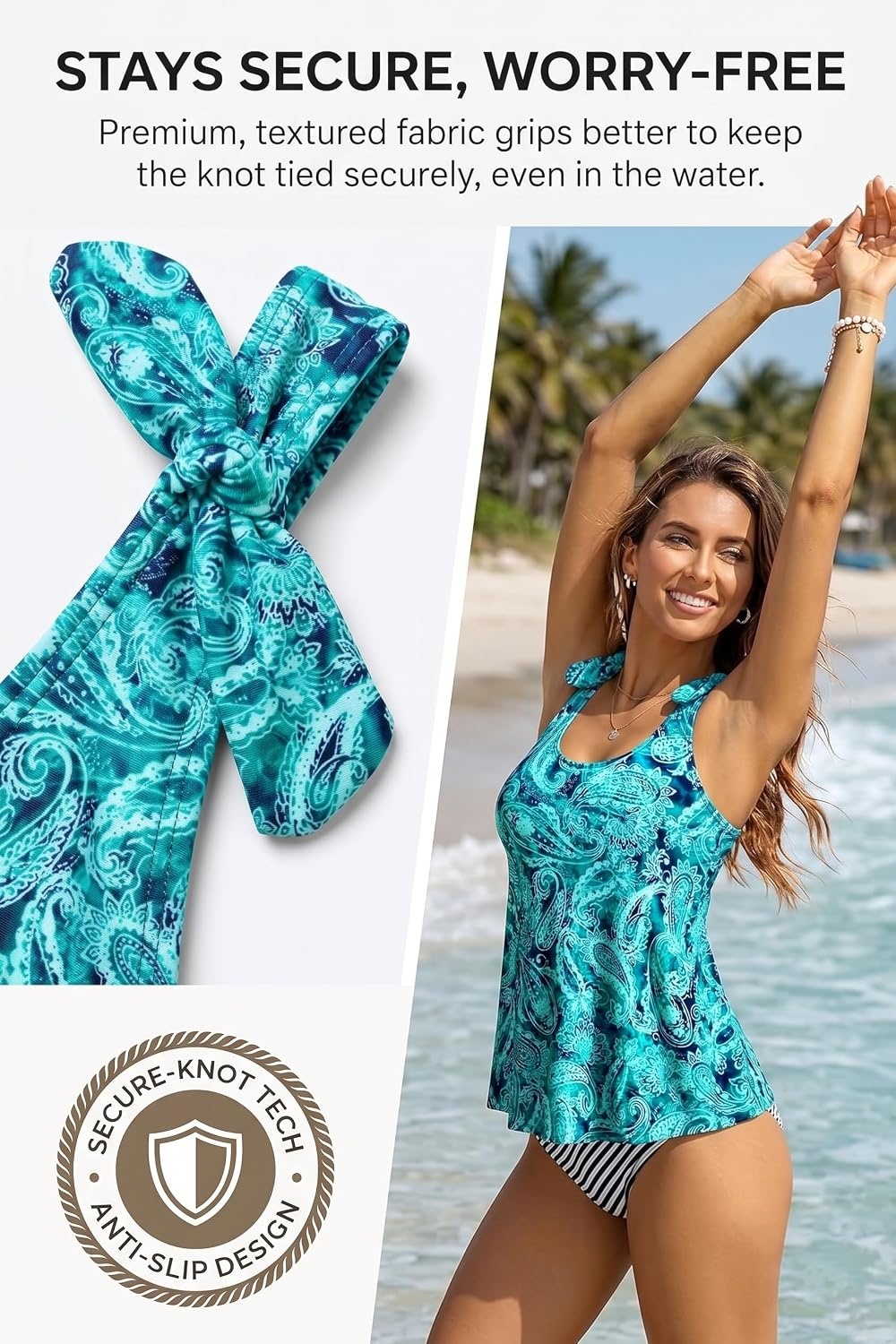 Women’s Flowy Tankini Top Only- Modest Swimsuit Top Tie Knot Bathing Suit No Bottom 2025(Green Paisley)