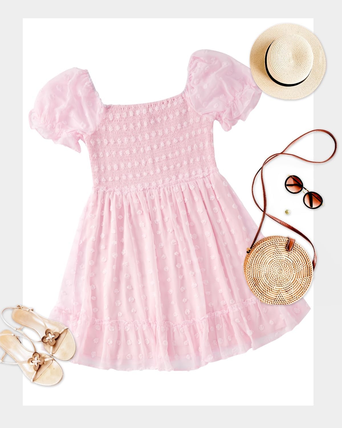 Talisea Plus Size Square Neck Graduation Summer Casual Sundress Chiffon Swiss Dot Ruffle Flowy Short Smocked Dress(Pink)