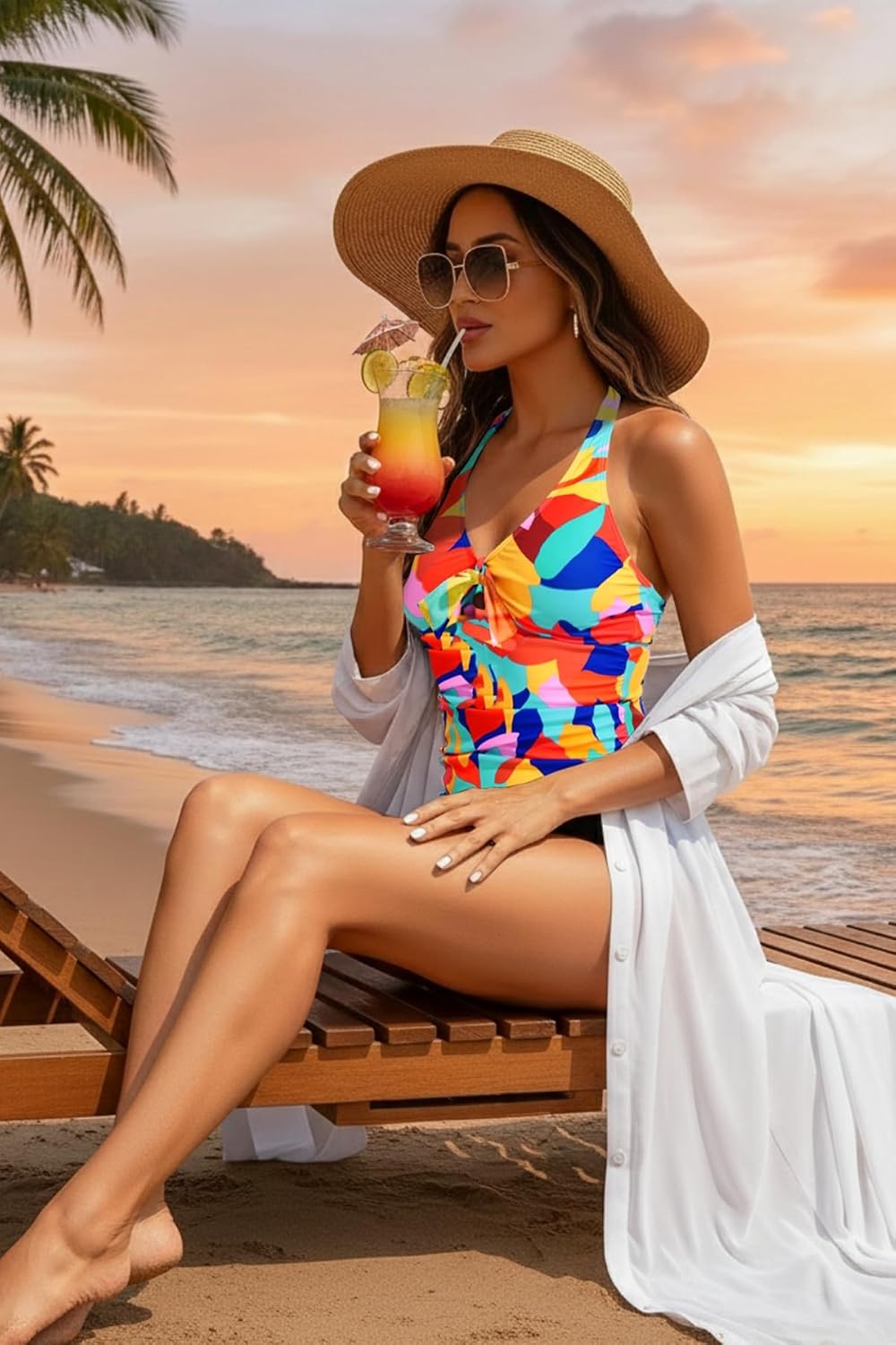 Women Halter Tankini Swim Top – Tummy Control Swimsuit Bathing Suit Top Front Tie Knot Swim Top Only 2025(Color Block)