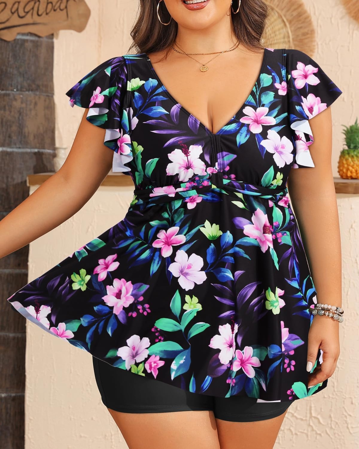 Plus Size Tankini Set Swimsuit – Women Two Piece Bathing Suit with Shorts Ruffle Sleeve Swimwear 2025(Floral)