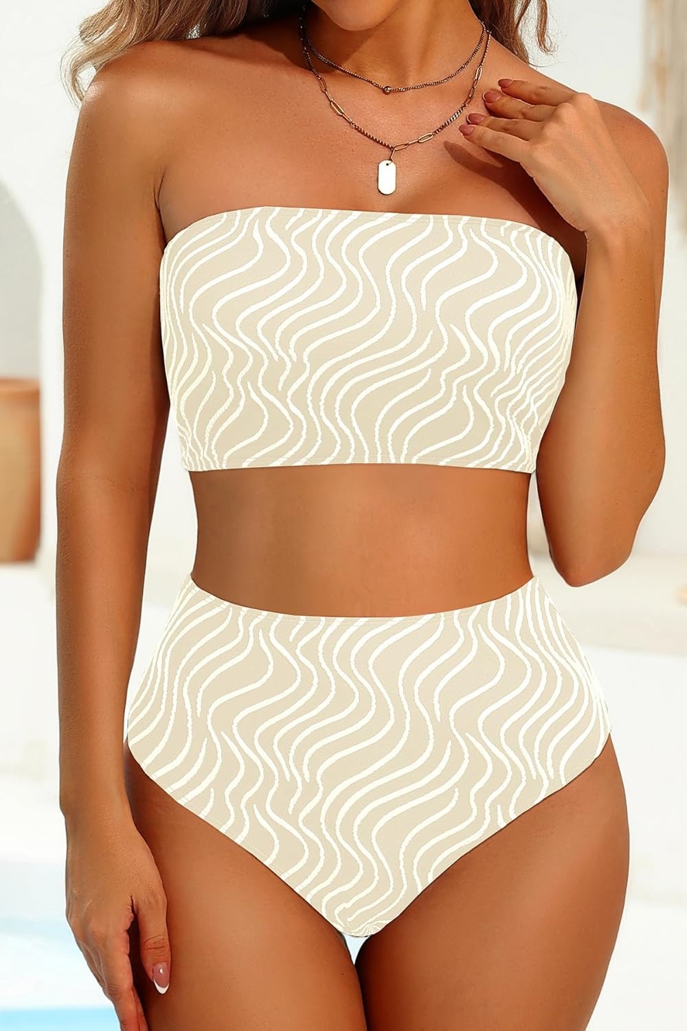 High Waisted Bandeau Bikini Set – Women Strapless Two Piece Swimsuits Ribbed Longline Full Coverage Bathing Suits Swimwear(Contrast Color-beige)