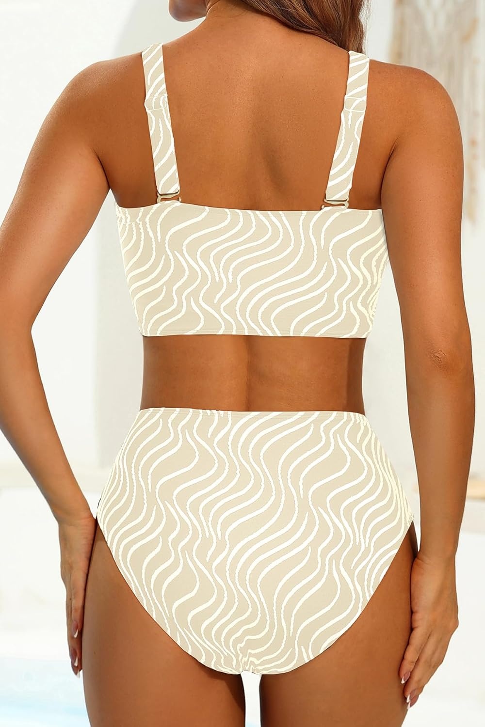 High Waisted Bandeau Bikini Set – Women Strapless Two Piece Swimsuits Ribbed Longline Full Coverage Bathing Suits Swimwear(Contrast Color-beige)