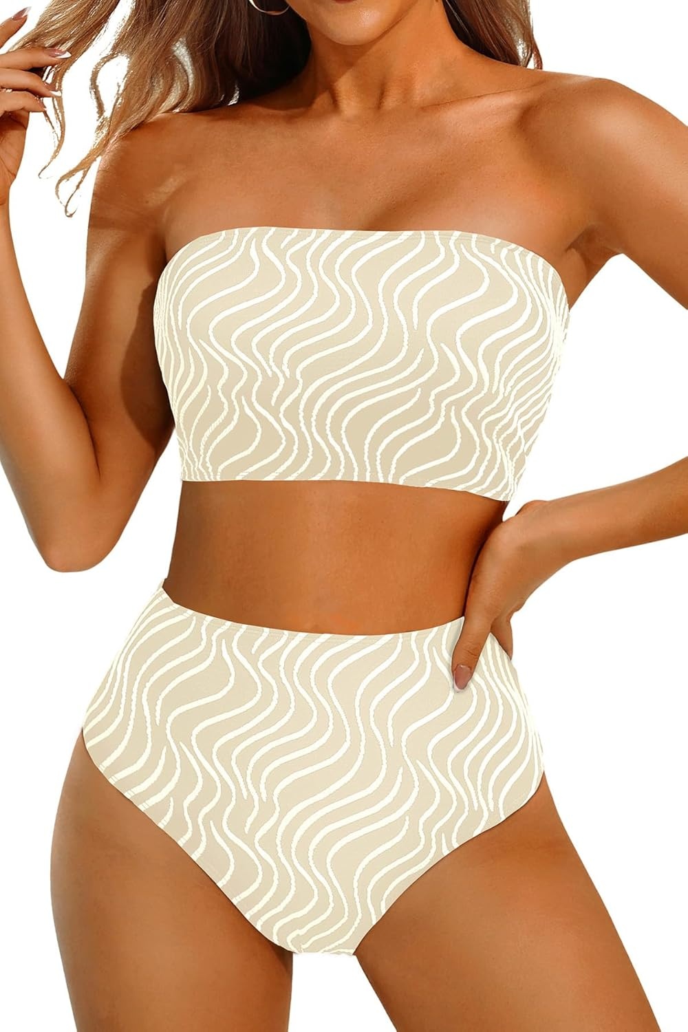 High Waisted Bandeau Bikini Set – Women Strapless Two Piece Swimsuits Ribbed Longline Full Coverage Bathing Suits Swimwear(Contrast Color-beige)