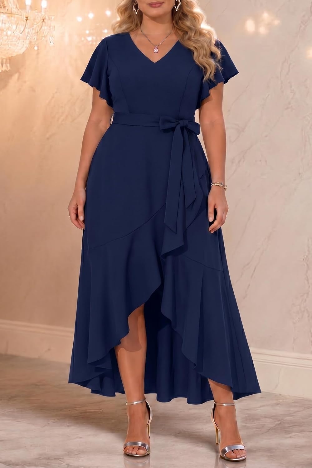Plus Size Wedding Guest Dress -Formal Split V Neck Maxi Dress for Women | Formal cocktail party maxi dress,long dress with belt,ruffle V-neck with high-low split hem for curvy women.(Navy Blue)
