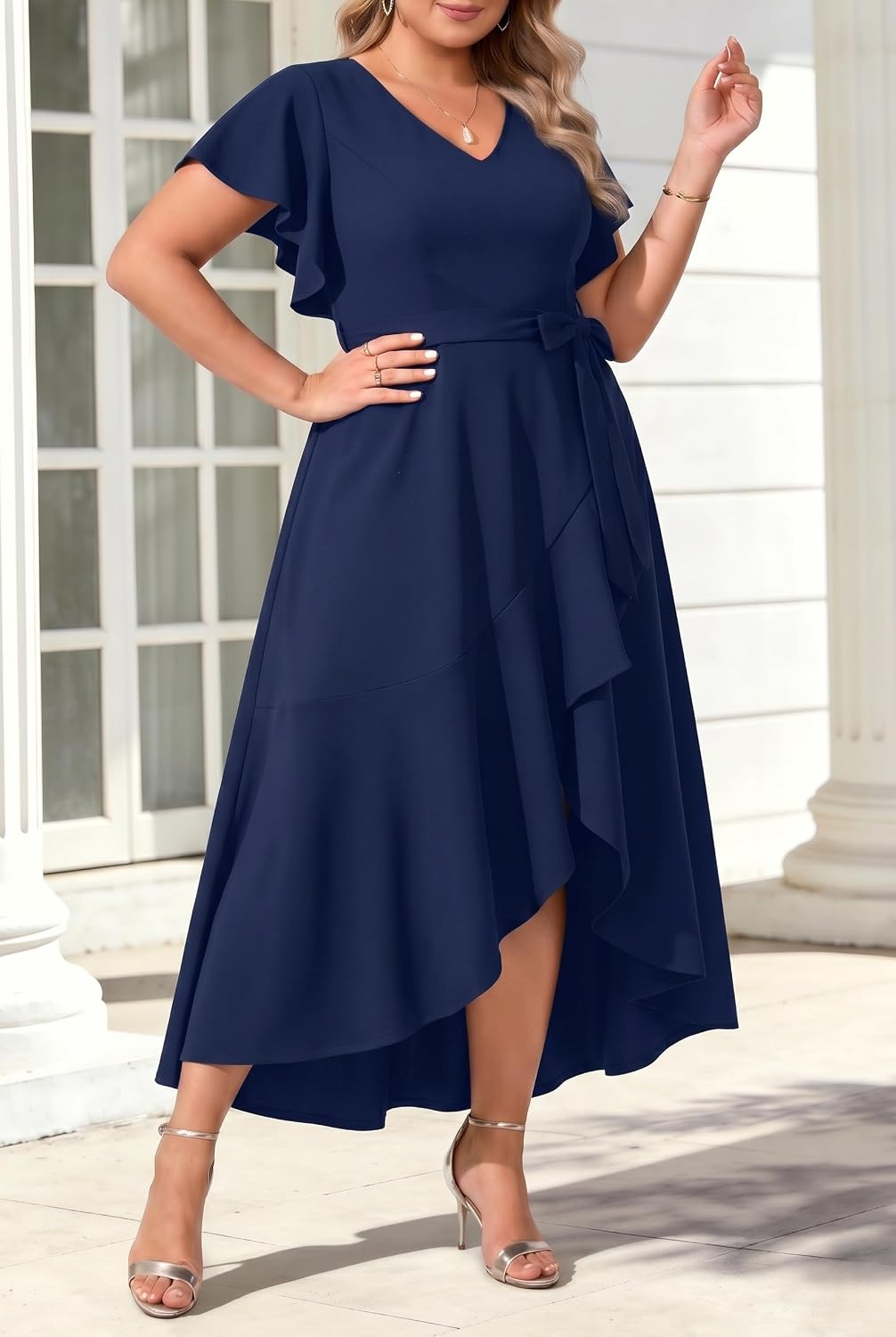 Plus Size Wedding Guest Dress -Formal Split V Neck Maxi Dress for Women | Formal cocktail party maxi dress,long dress with belt,ruffle V-neck with high-low split hem for curvy women.(Navy Blue)
