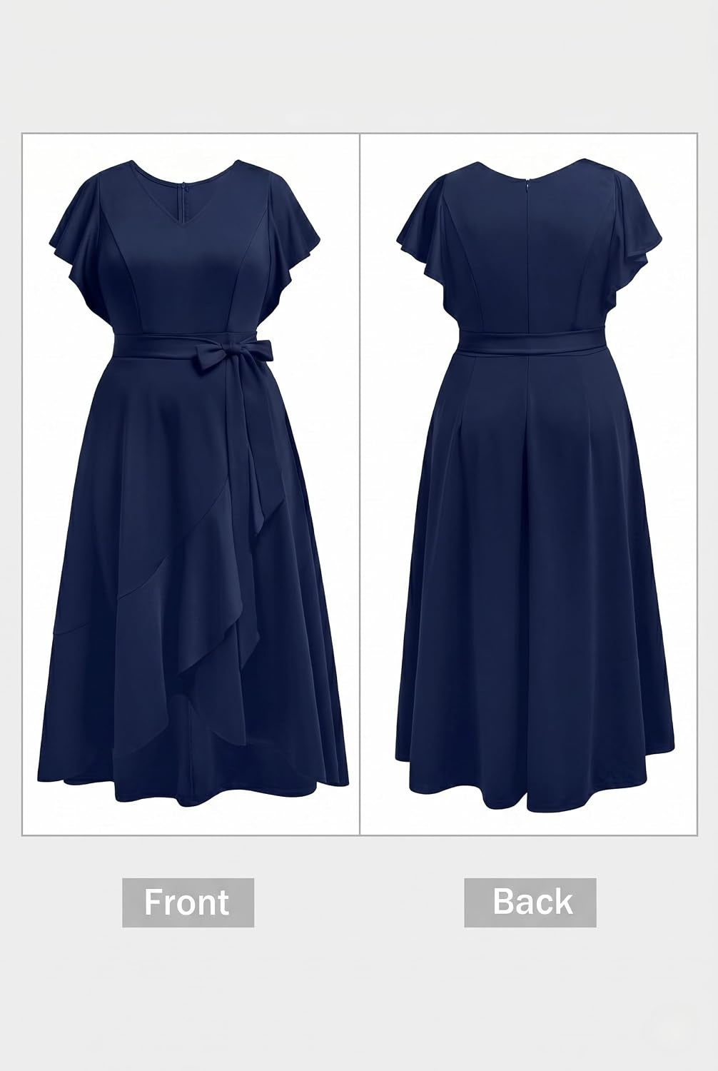 Plus Size Wedding Guest Dress -Formal Split V Neck Maxi Dress for Women | Formal cocktail party maxi dress,long dress with belt,ruffle V-neck with high-low split hem for curvy women.(Navy Blue)