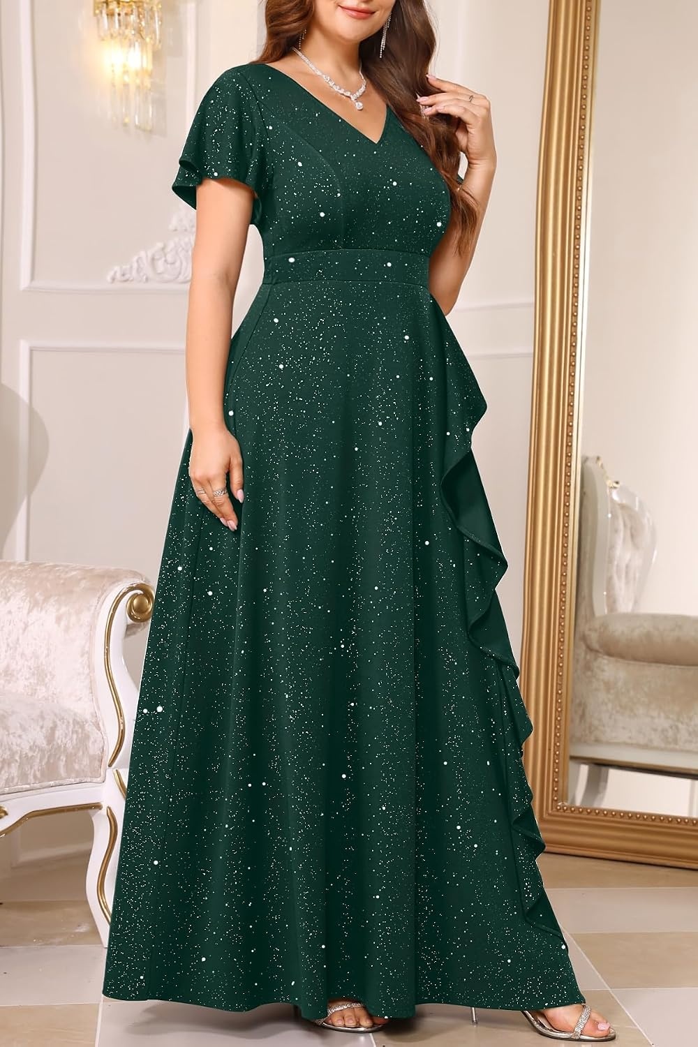 Talisea Plus Size Formal V Neck Ruffle Sleeve High Slit Evening Maxi Dress(Sparkly Green)