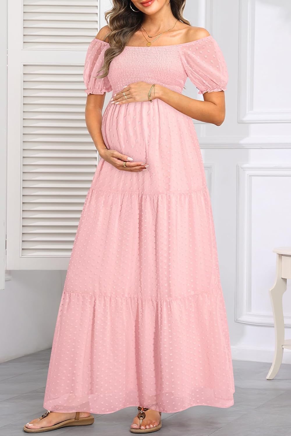 Off The Shoulder Maternity Dress for Baby Shower – Women’s Boho Swiss Dot Smocked Puff Sleeve Maxi Dress(Light Pink)