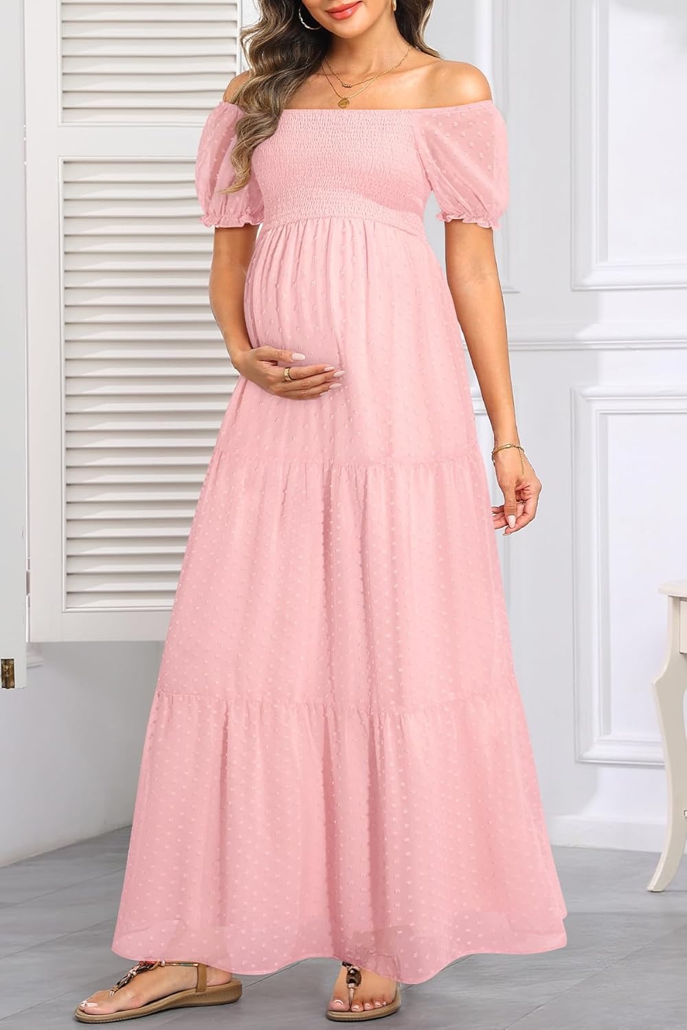 Off The Shoulder Maternity Dress for Baby Shower – Women’s Boho Swiss Dot Smocked Puff Sleeve Maxi Dress(Light Pink)
