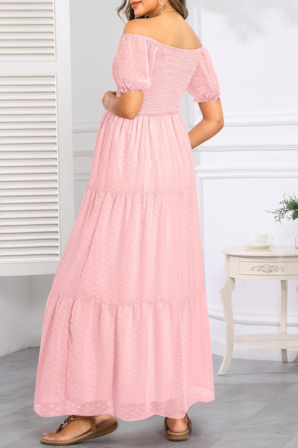 Off The Shoulder Maternity Dress for Baby Shower – Women’s Boho Swiss Dot Smocked Puff Sleeve Maxi Dress(Light Pink)