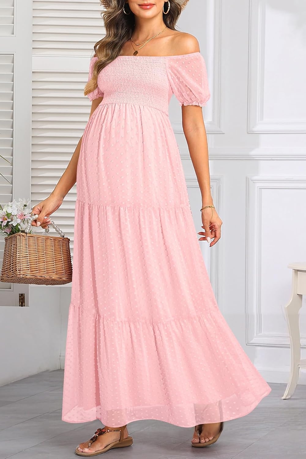 Off The Shoulder Maternity Dress for Baby Shower – Women’s Boho Swiss Dot Smocked Puff Sleeve Maxi Dress(Light Pink)