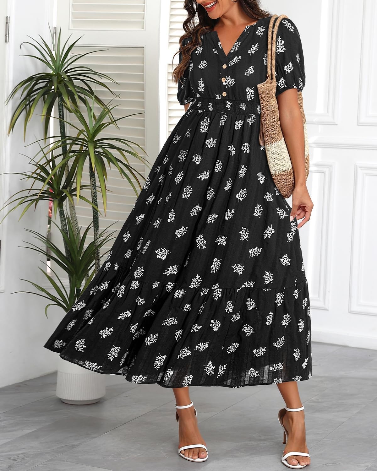 Talisea Womens Summer Maxi Dress – Puff Sleeve V Neck Smocked Tiered Boho Casual A-Line Wedding Guest Long Dress with Pockets(Black (Printed))
