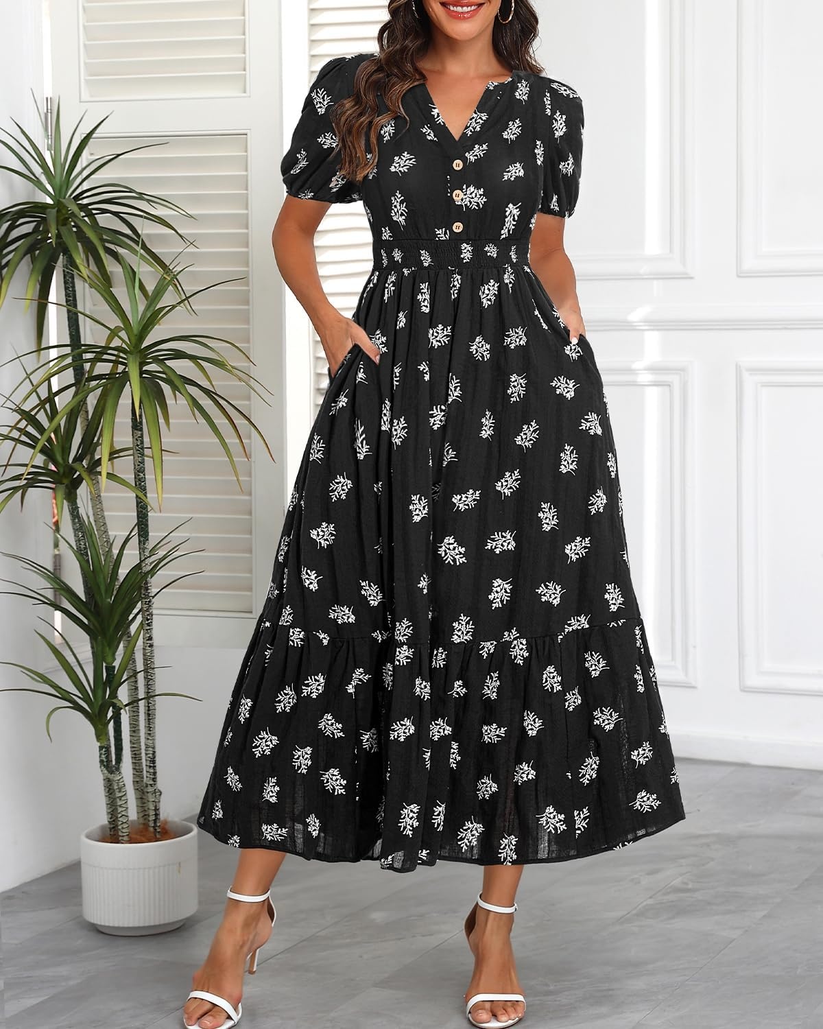 Talisea Womens Summer Maxi Dress – Puff Sleeve V Neck Smocked Tiered Boho Casual A-Line Wedding Guest Long Dress with Pockets(Black (Printed))