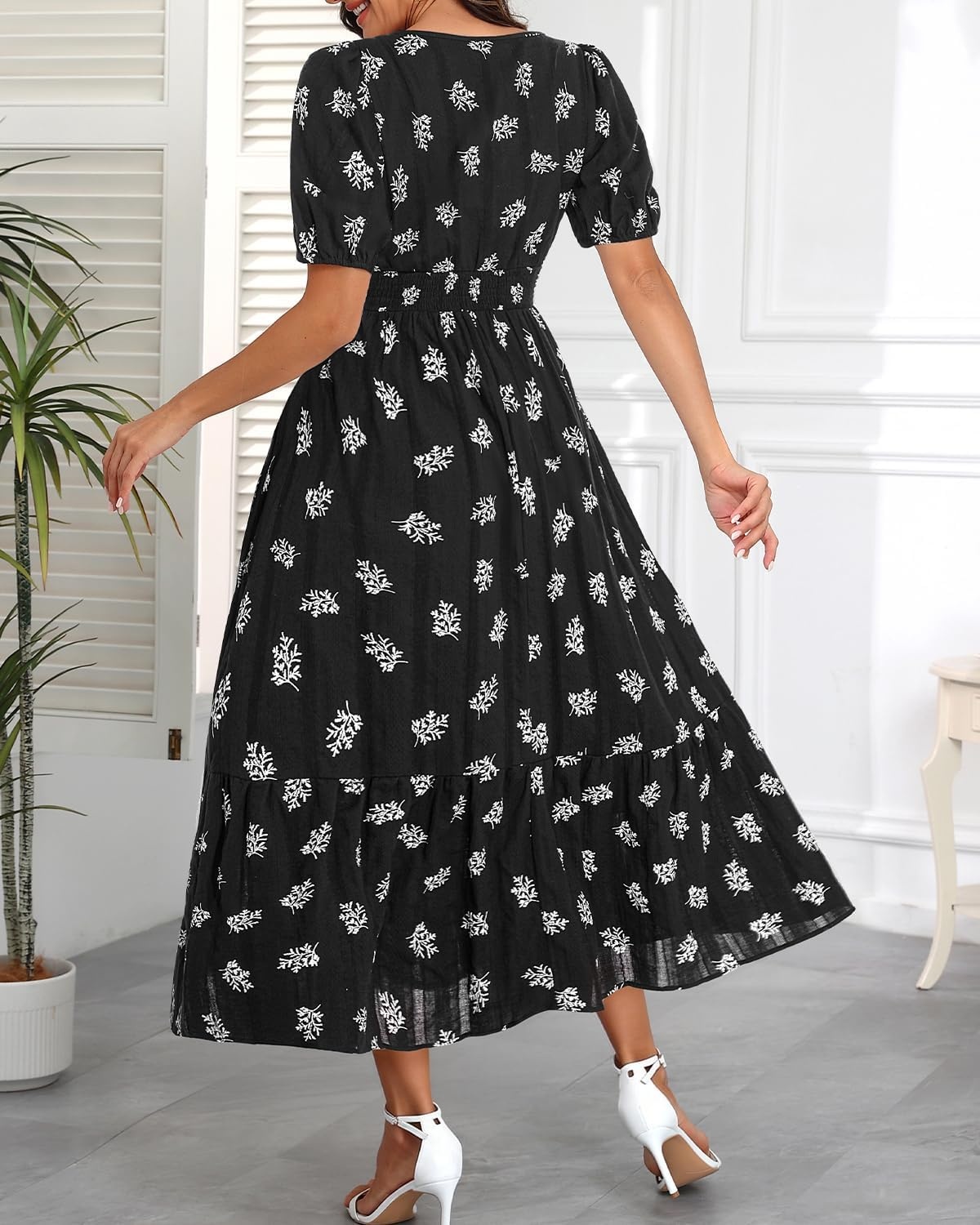 Talisea Womens Summer Maxi Dress – Puff Sleeve V Neck Smocked Tiered Boho Casual A-Line Wedding Guest Long Dress with Pockets(Black (Printed))