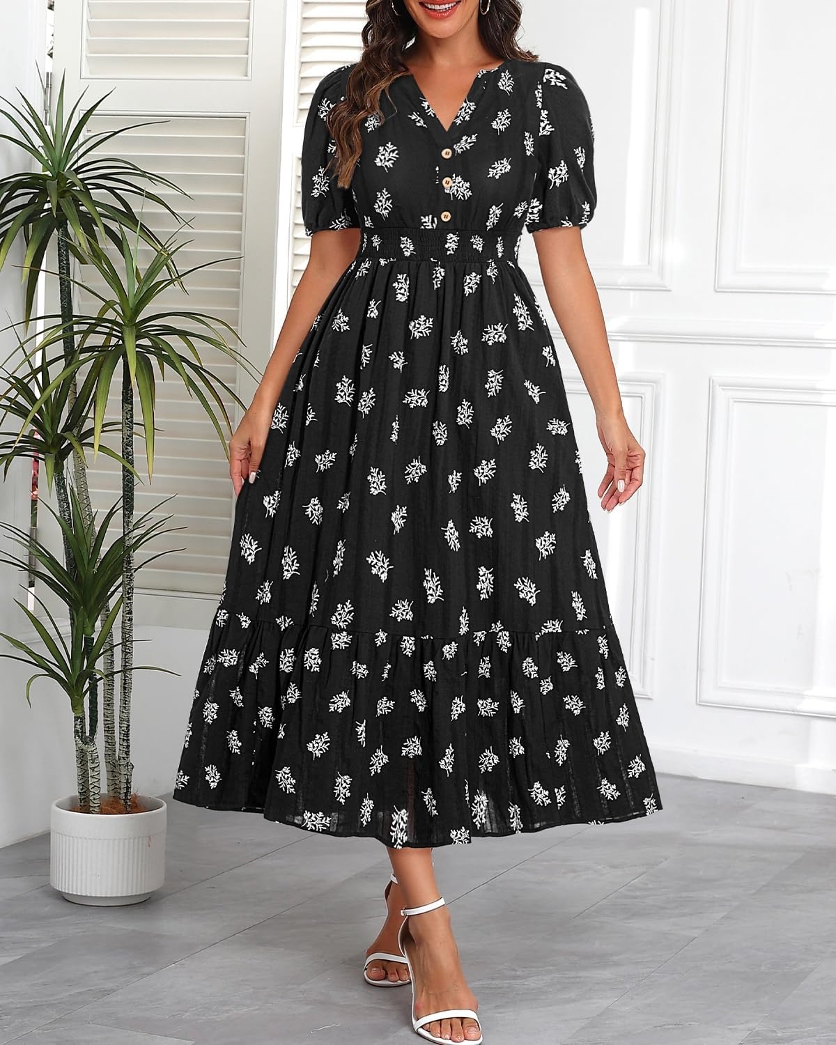 Talisea Womens Summer Maxi Dress – Puff Sleeve V Neck Smocked Tiered Boho Casual A-Line Wedding Guest Long Dress with Pockets(Black (Printed))