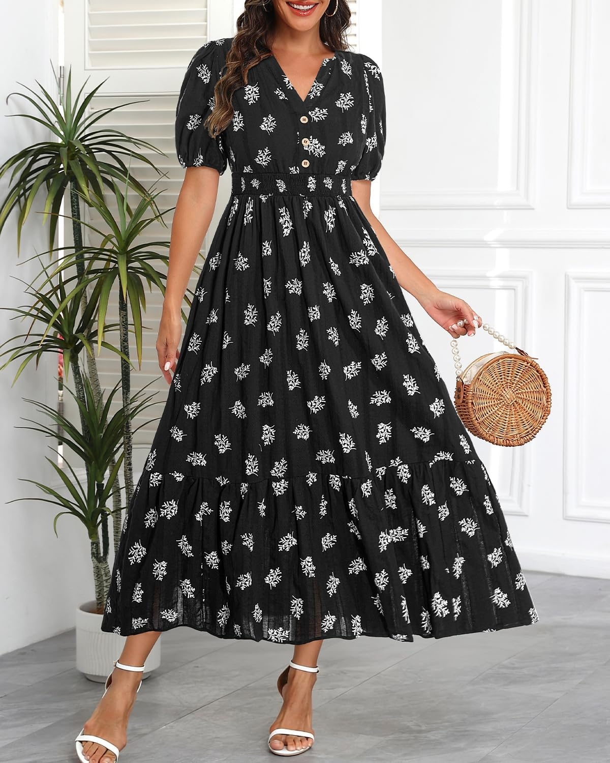 Talisea Womens Summer Maxi Dress – Puff Sleeve V Neck Smocked Tiered Boho Casual A-Line Wedding Guest Long Dress with Pockets(Black (Printed))