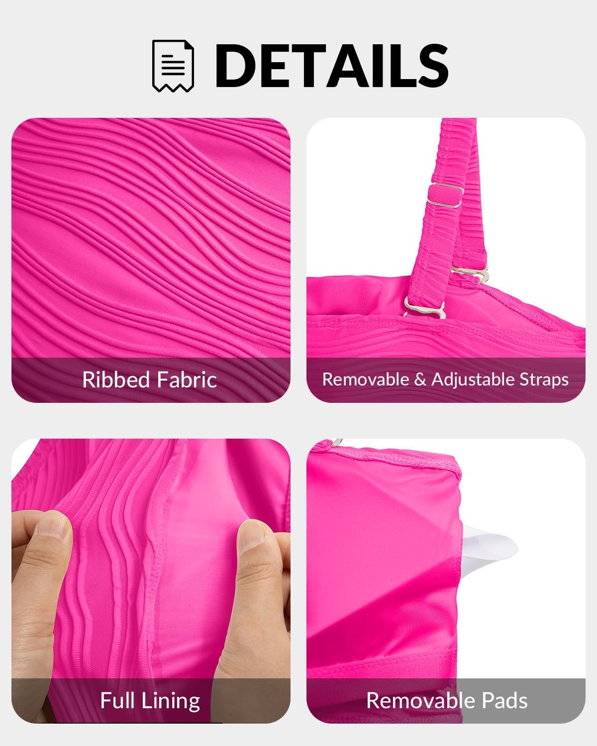 High Waisted Bandeau Bikini Set – Ribbed Strapless Two Piece Swimsuit | Secure bandeau top with straps. High waist bottom for comfortable coverage. Full coverage back for confident wear.(Pink)