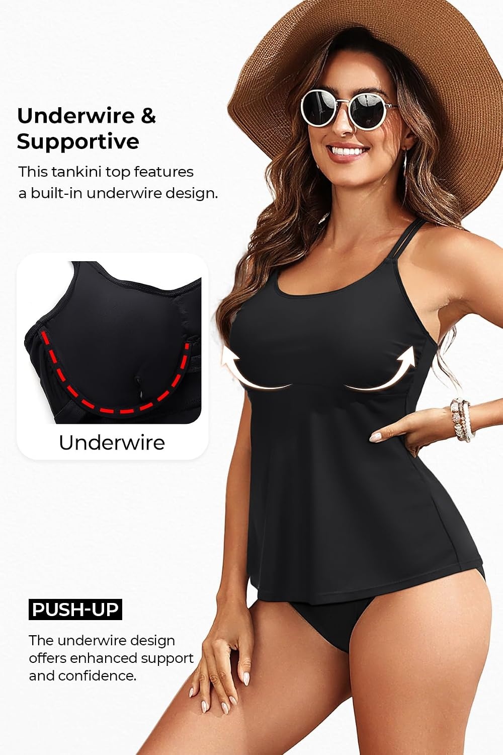 Women Underwire Tankini Top Only – Supportive Flowy Swimsuit Top(Black)
