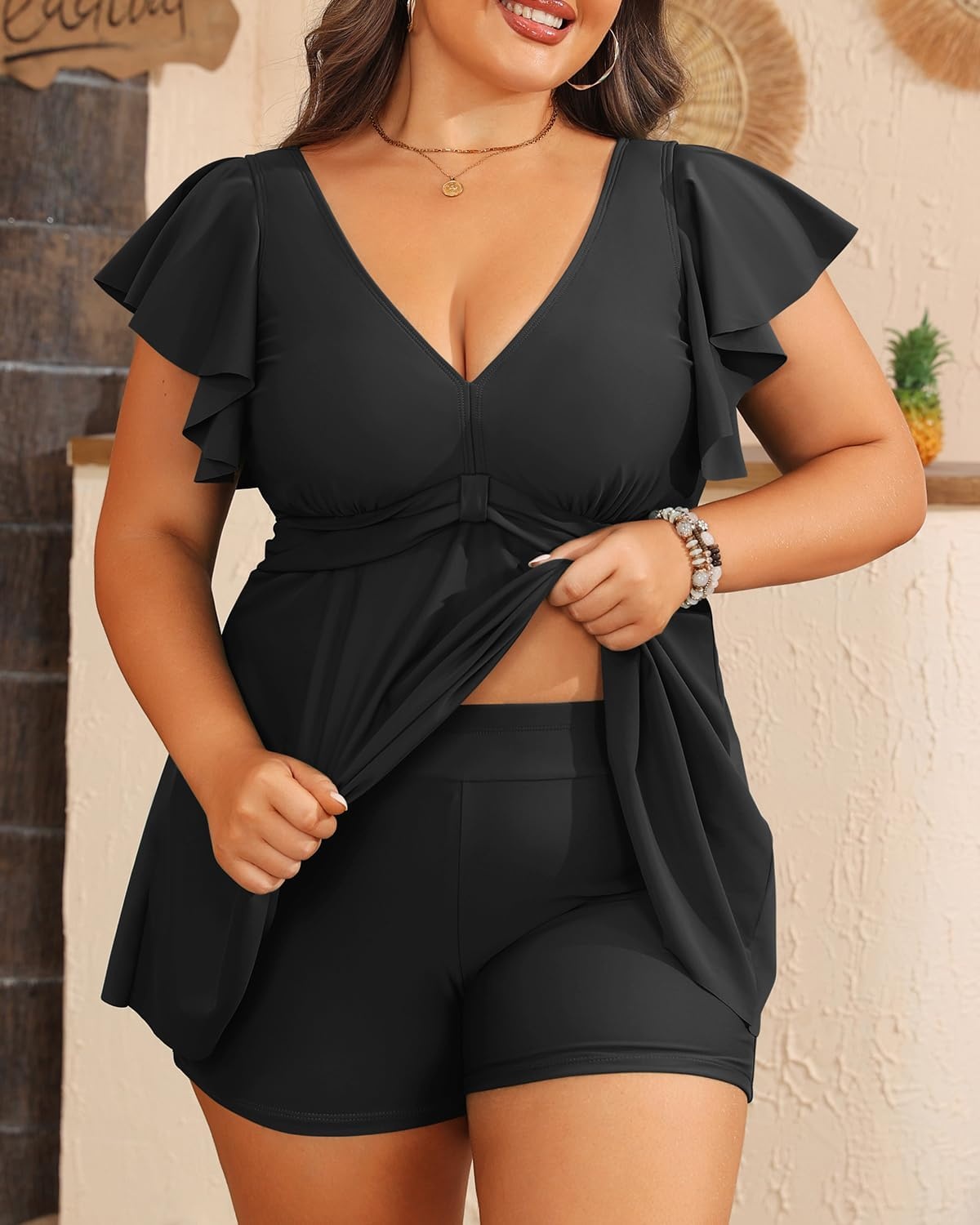Plus Size Tankini Set Swimsuit – Women Two Piece Bathing Suit with Shorts Ruffle Sleeve Swimwear 2025(Black)