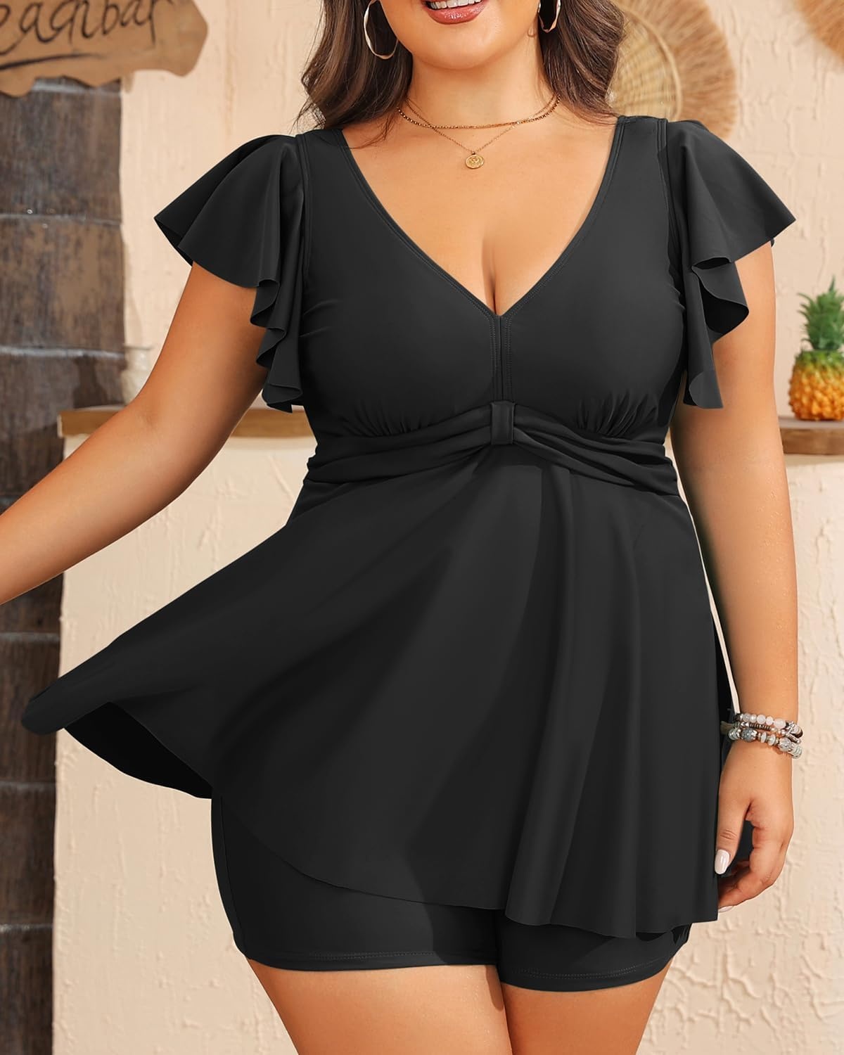 Plus Size Tankini Set Swimsuit – Women Two Piece Bathing Suit with Shorts Ruffle Sleeve Swimwear 2025(Black)