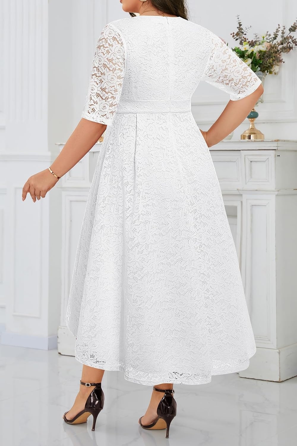 Plus Size Wedding Guest Dress – Lace Cocktail Formal Faux Wrap V Neck High Low Short Sleeve Party Maxi Dresses(White)