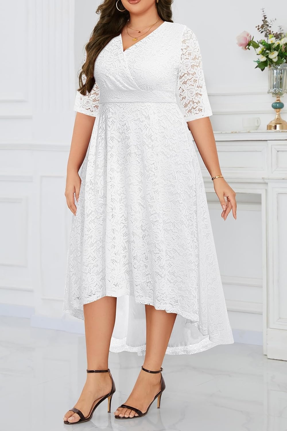 Plus Size Wedding Guest Dress – Lace Cocktail Formal Faux Wrap V Neck High Low Short Sleeve Party Maxi Dresses(White)