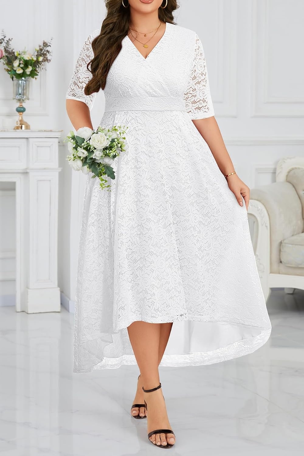 Plus Size Wedding Guest Dress – Lace Cocktail Formal Faux Wrap V Neck High Low Short Sleeve Party Maxi Dresses(White)