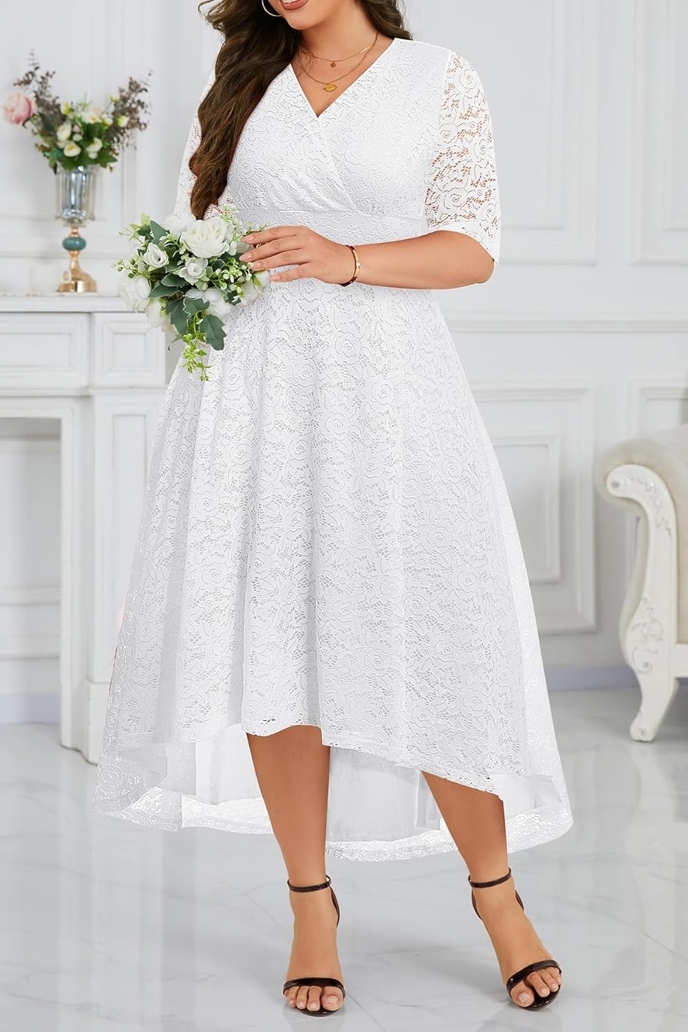 Plus Size Wedding Guest Dress – Lace Cocktail Formal Faux Wrap V Neck High Low Short Sleeve Party Maxi Dresses(White)