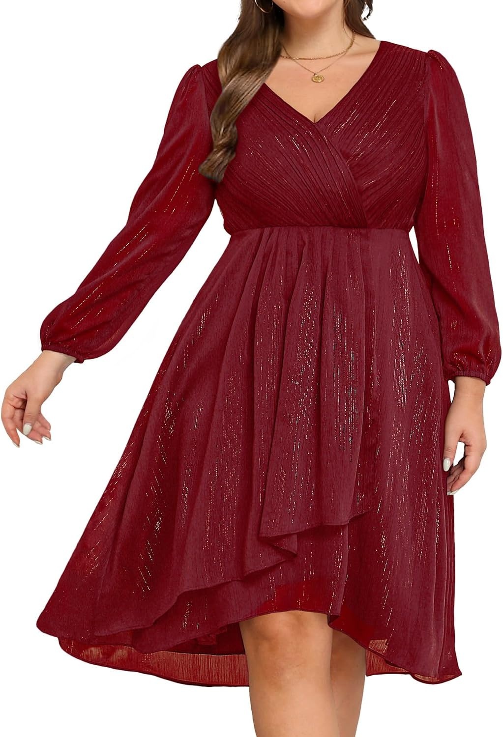 Plus Size Wedding Guest Dress – Formal Long Sleeve A Line V Neck Midi Dress | Formal fall wedding guest dress, cocktail sparkle dress, A-line pleated midi style with long sleeves & V-neck for women.(Burgundy)