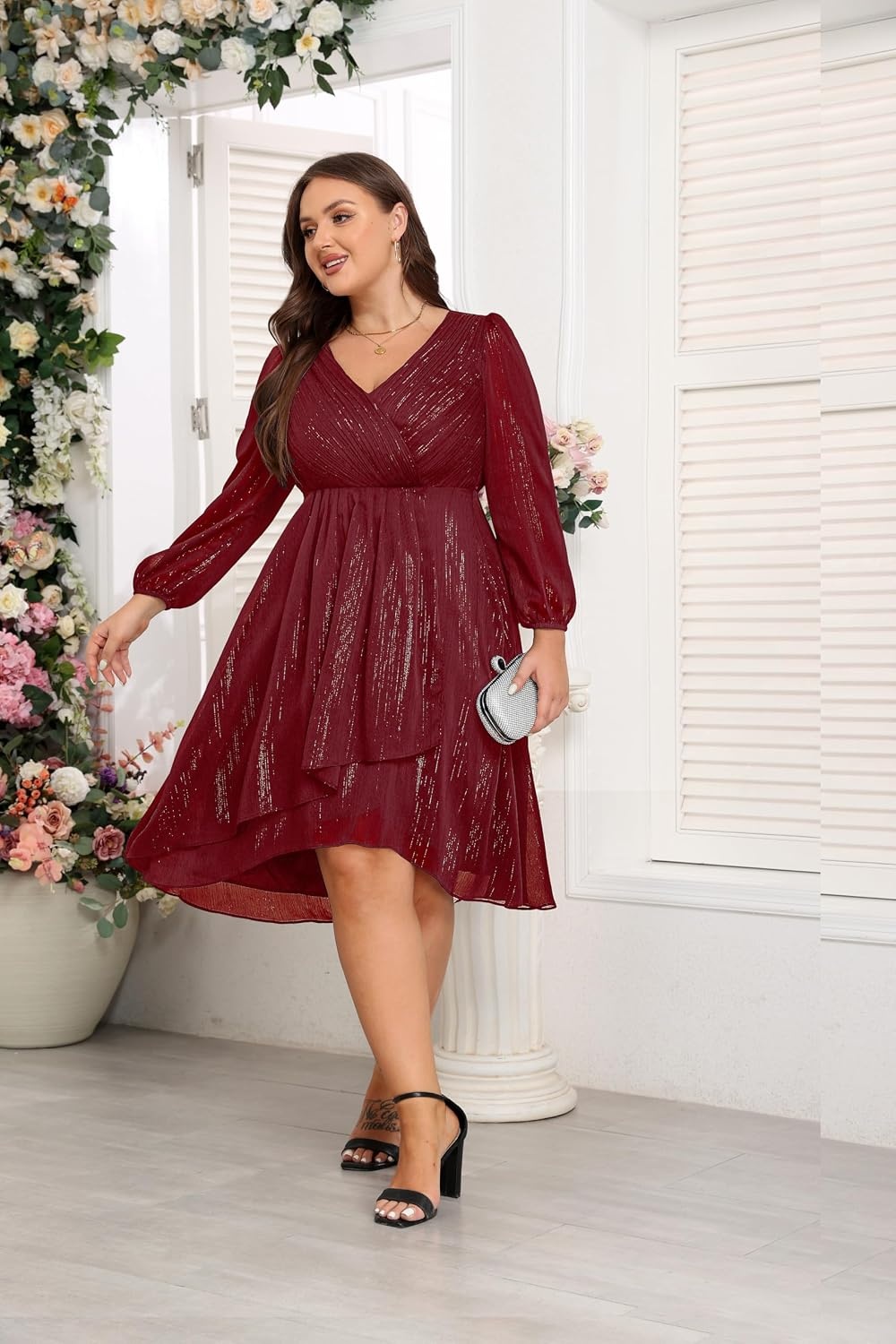 Plus Size Wedding Guest Dress – Formal Long Sleeve A Line V Neck Midi Dress | Formal fall wedding guest dress, cocktail sparkle dress, A-line pleated midi style with long sleeves & V-neck for women.(Burgundy)