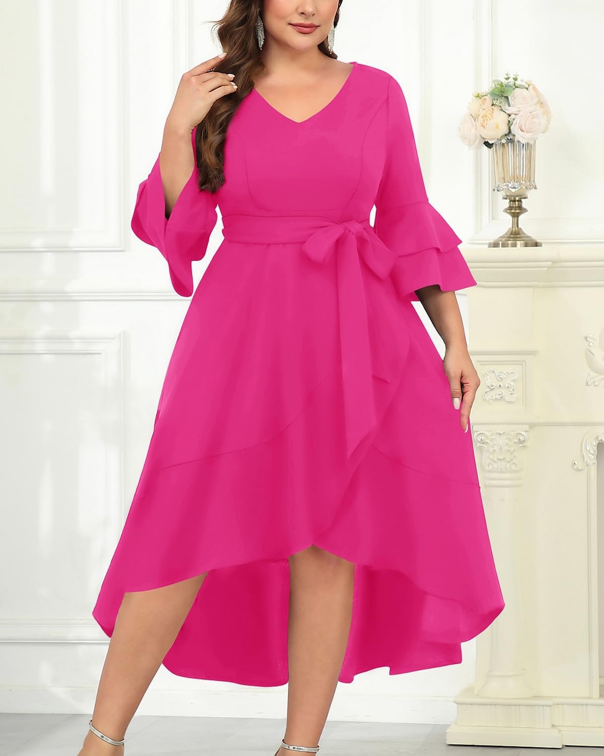 Plus Size Wedding Guest Dress – Semi Formal Double Bell Sleeve V Neck High Low Split Ruffle Cocktail Dresses with Belt(Hot Pink)