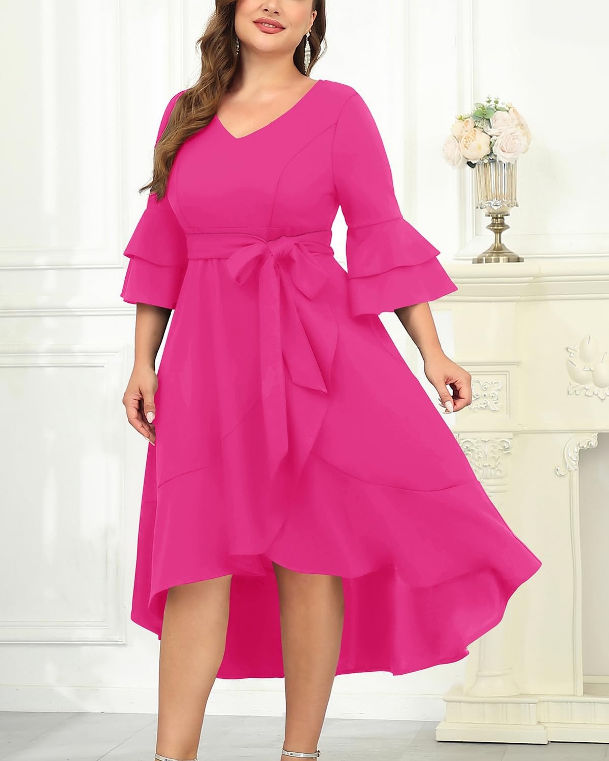 Plus Size Wedding Guest Dress – Semi Formal Double Bell Sleeve V Neck High Low Split Ruffle Cocktail Dresses with Belt(Hot Pink)