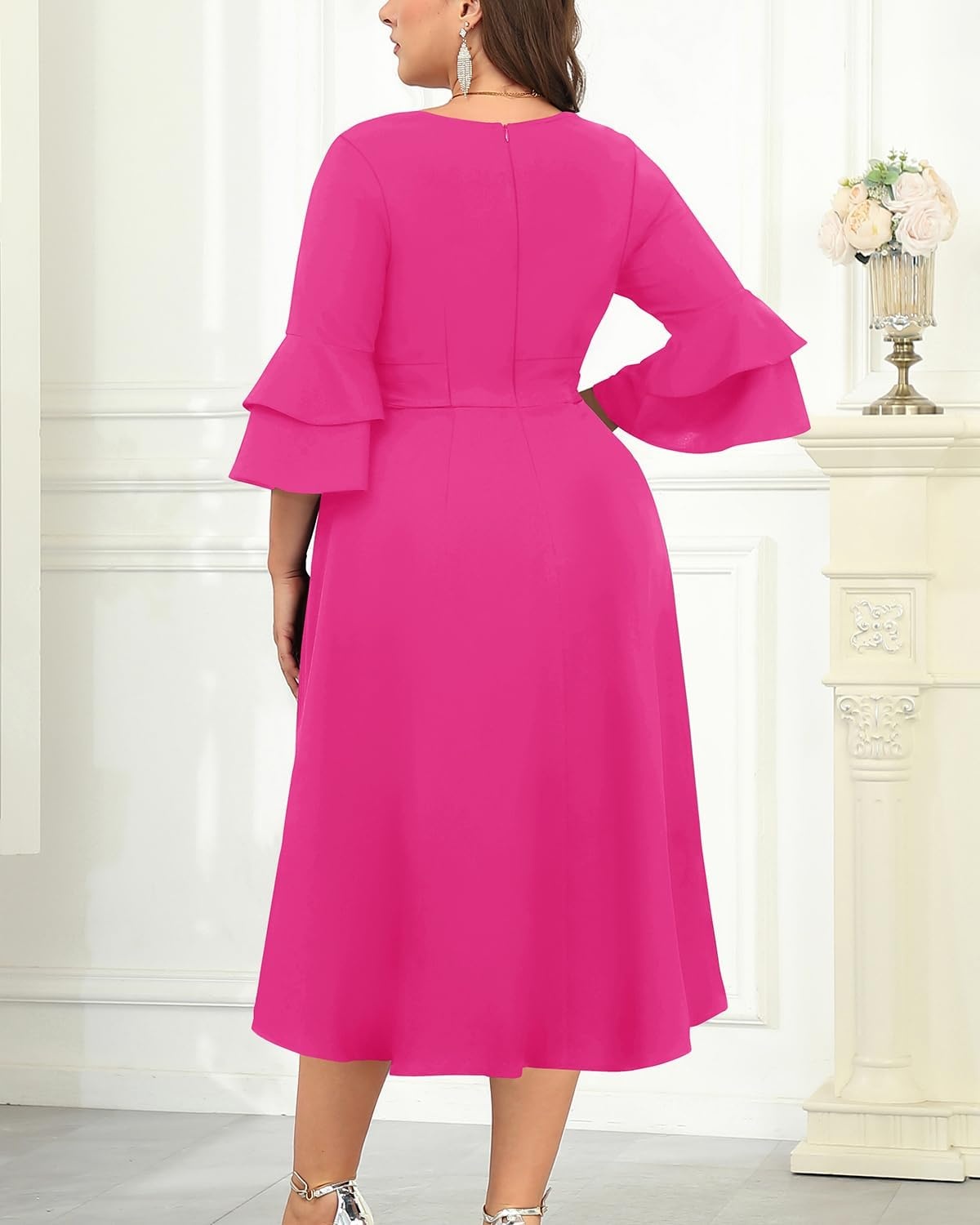 Plus Size Wedding Guest Dress – Semi Formal Double Bell Sleeve V Neck High Low Split Ruffle Cocktail Dresses with Belt(Hot Pink)