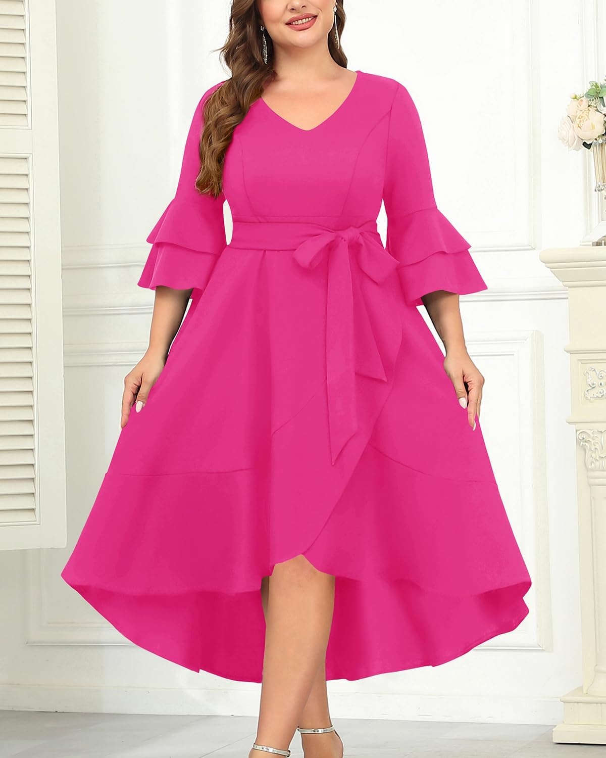 Plus Size Wedding Guest Dress – Semi Formal Double Bell Sleeve V Neck High Low Split Ruffle Cocktail Dresses with Belt(Hot Pink)