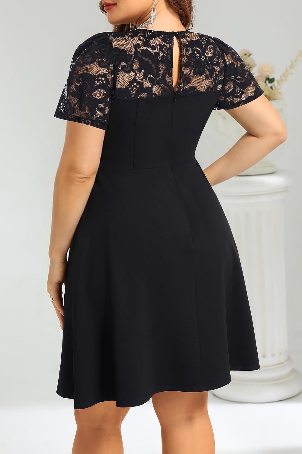 Plus Size Cocktail Dress Black Lace Long Sleeve Short A Line Dresses Women(Black)