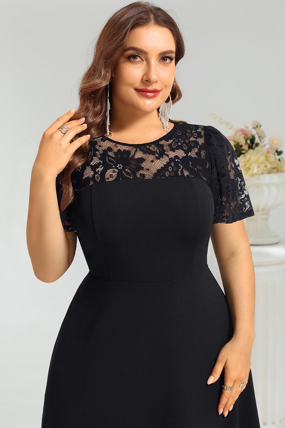 Plus Size Cocktail Dress Black Lace Long Sleeve Short A Line Dresses Women(Black)