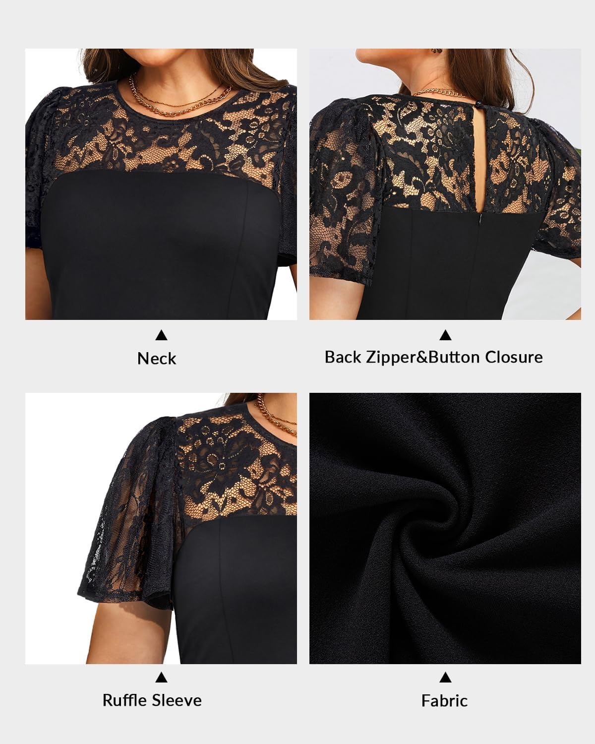 Plus Size Cocktail Dress Black Lace Long Sleeve Short A Line Dresses Women(Black)