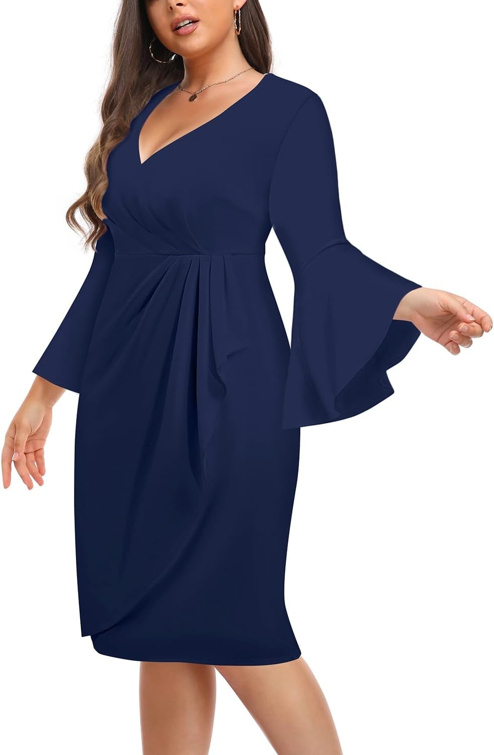 Talisea Women Plus Size Work Dress – Semi Formal Wedding Guest Church Business Office Interview V Neck Bell Sleeve Dress(Navy Blue)