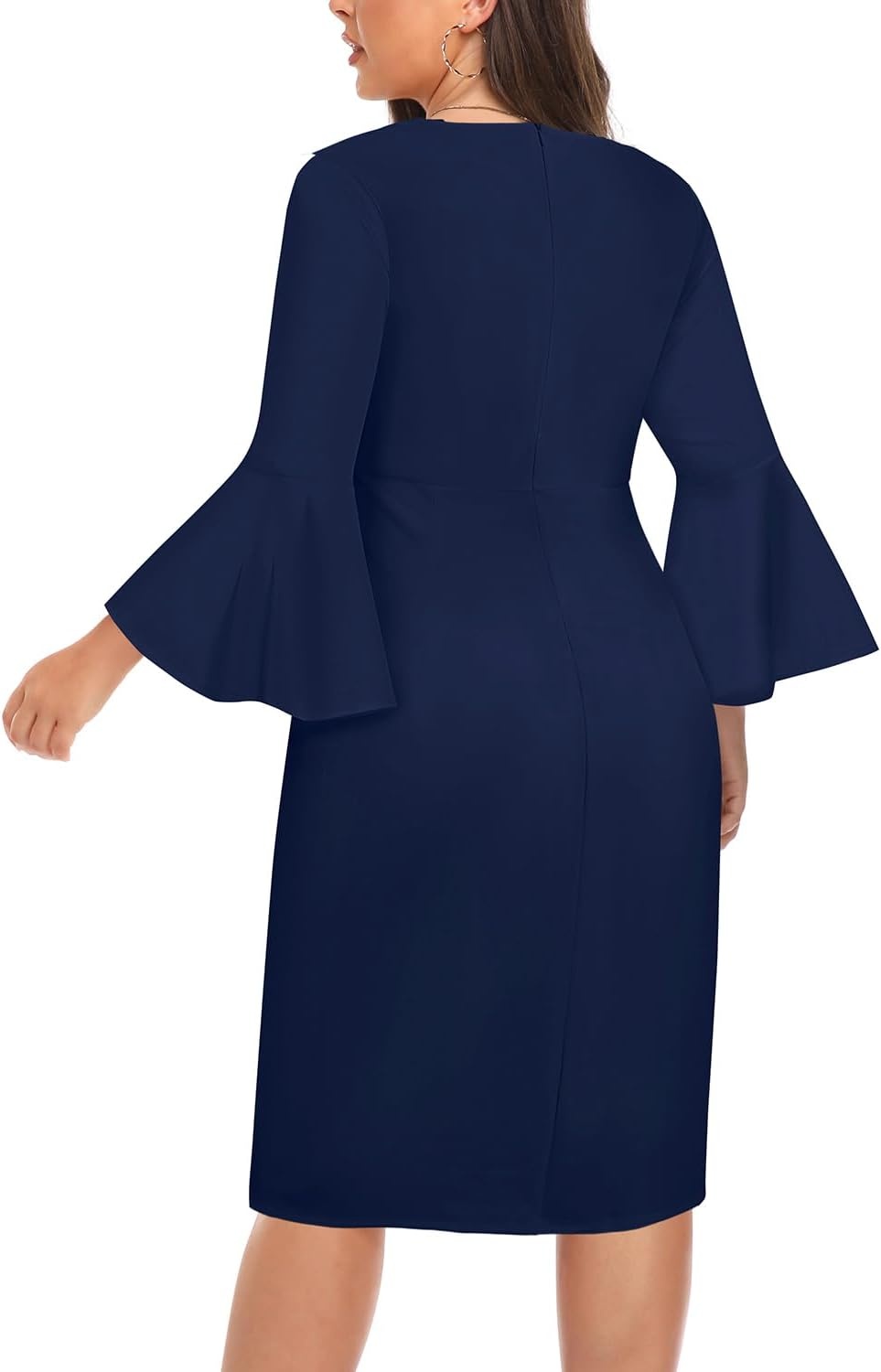 Talisea Women Plus Size Work Dress – Semi Formal Wedding Guest Church Business Office Interview V Neck Bell Sleeve Dress(Navy Blue)