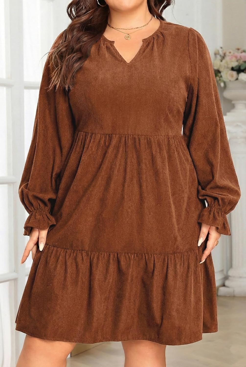 Talisea Plus Size Fall Dresses Casual Long Sleeve Corduroy Tunic V Neck Loose Flowy Ruffle A Line Tiered Short Babydoll Dress(Caramel)