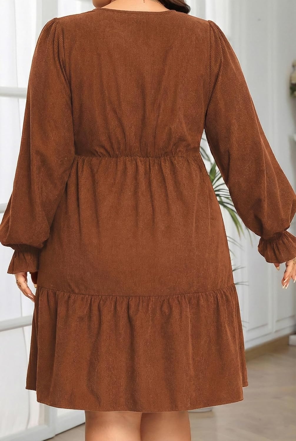 Talisea Plus Size Fall Dresses Casual Long Sleeve Corduroy Tunic V Neck Loose Flowy Ruffle A Line Tiered Short Babydoll Dress(Caramel)