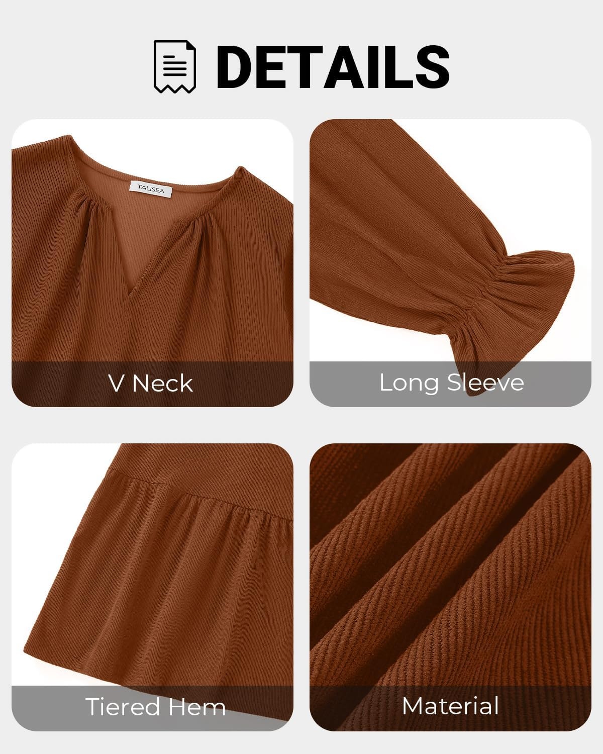 Talisea Plus Size Fall Dresses Casual Long Sleeve Corduroy Tunic V Neck Loose Flowy Ruffle A Line Tiered Short Babydoll Dress(Caramel)