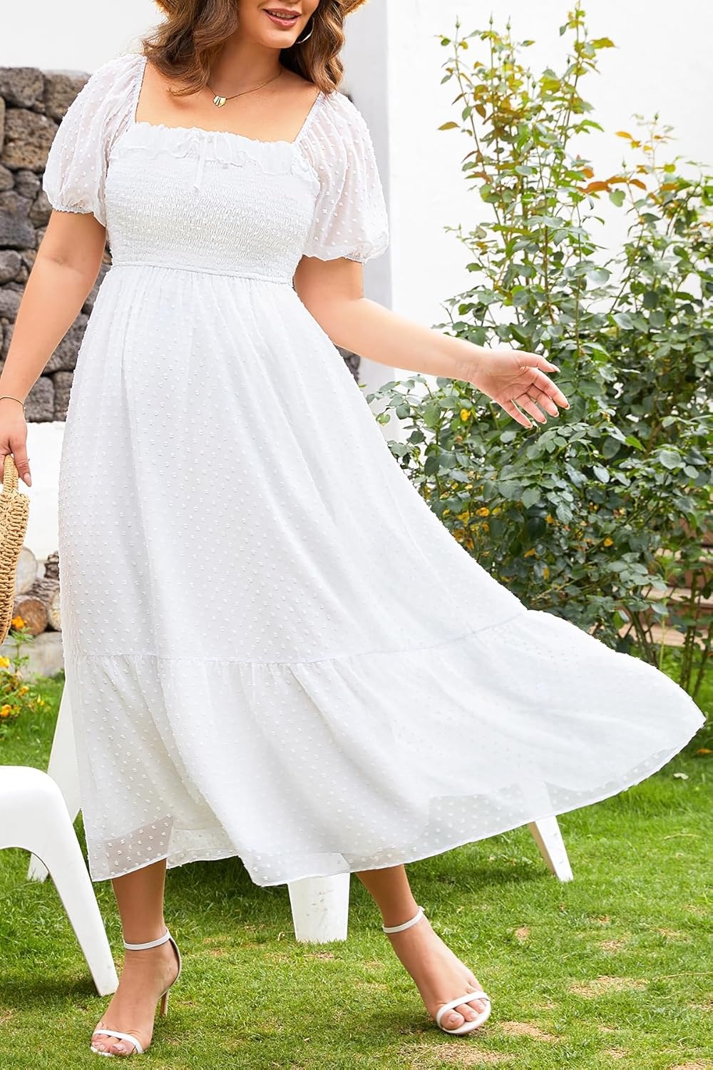 Plus Size Summer Dresses – Swiss Dot Smocked Square Neck Puff Sleeve Boho Maternity Maxi Dress for Baby Shower Wedding Guest(White)