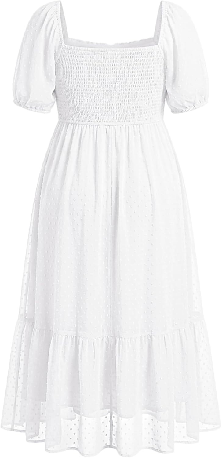 Plus Size Summer Dresses – Swiss Dot Smocked Square Neck Puff Sleeve Boho Maternity Maxi Dress for Baby Shower Wedding Guest(White)